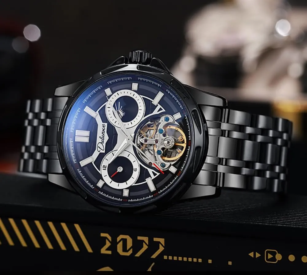 Men, Hollow Tourbillon Moon counterfeit Phase 12 Hours Disk, Waterproof Luminous Stainless Steel Watches Luxury Skeleton Automatic Mechanical Watch for 