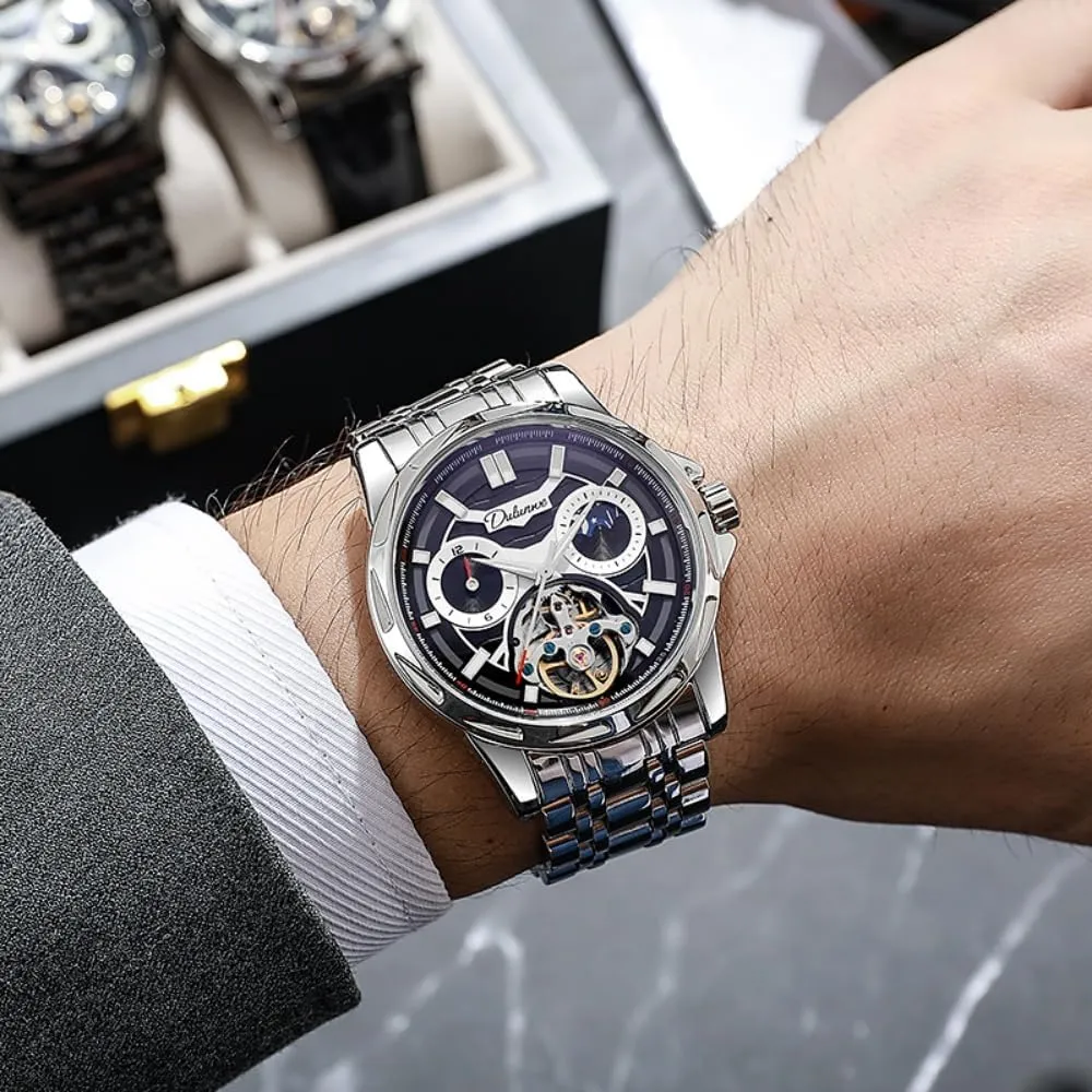 Men, Hollow Tourbillon Moon counterfeit Phase 12 Hours Disk, Waterproof Luminous Stainless Steel Watches Luxury Skeleton Automatic Mechanical Watch for 