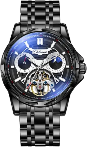 Men, Hollow Tourbillon Moon counterfeit Phase 12 Hours Disk, Waterproof Luminous Stainless Steel Watches Luxury Skeleton Automatic Mechanical Watch for 