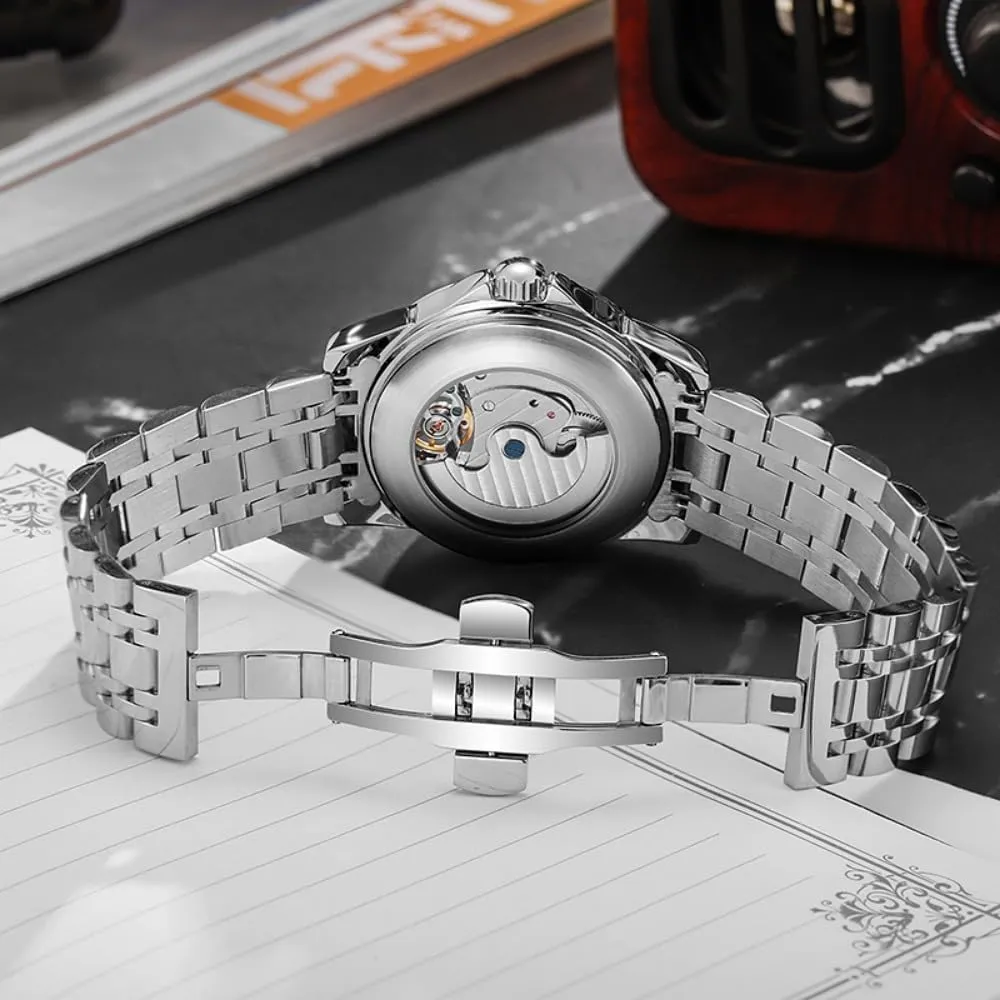 Men, Hollow Tourbillon Moon counterfeit Phase 12 Hours Disk, Waterproof Luminous Stainless Steel Watches Luxury Skeleton Automatic Mechanical Watch for 