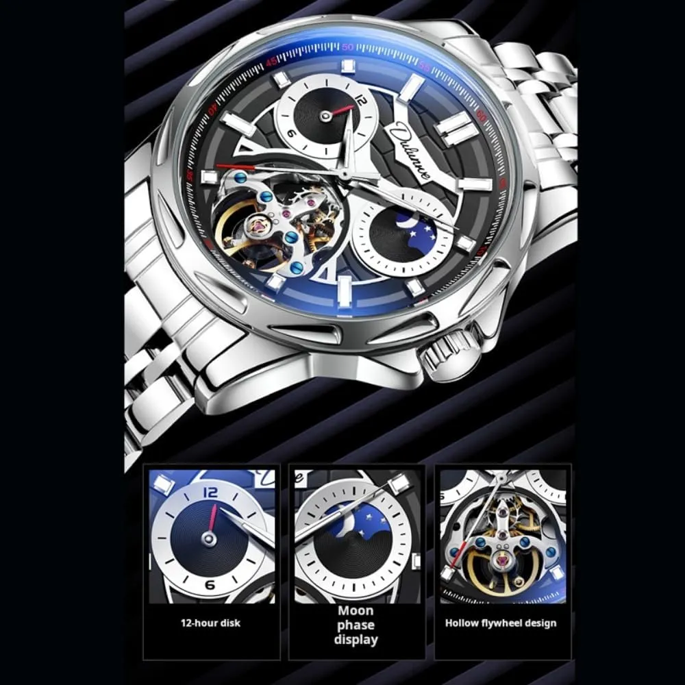 Men, Hollow Tourbillon Moon counterfeit Phase 12 Hours Disk, Waterproof Luminous Stainless Steel Watches Luxury Skeleton Automatic Mechanical Watch for 