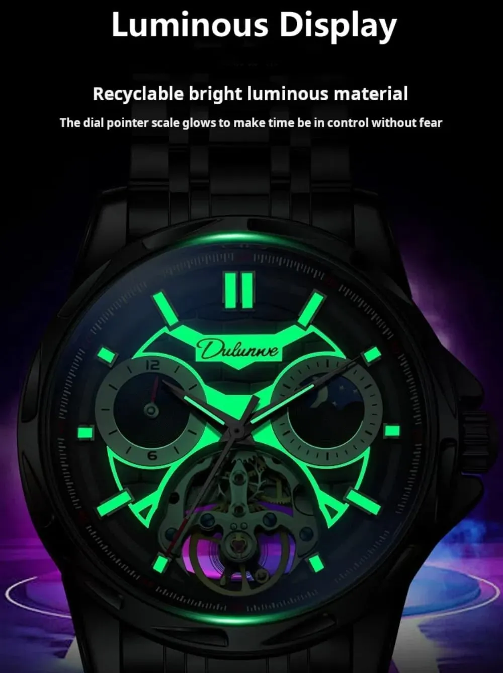 Men, Hollow Tourbillon Moon counterfeit Phase 12 Hours Disk, Waterproof Luminous Stainless Steel Watches Luxury Skeleton Automatic Mechanical Watch for 