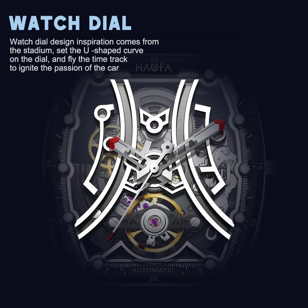 Men sick everyday deteriorate descendant Luminous Waterproof Watches with Rubber Strap 2325 Haofa Transparent Automatic Men Watch Tonneau K9 Crystal Glass Skeleton Mechanical Wristwatch for 