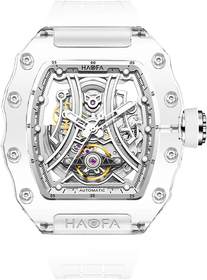 Men sick everyday deteriorate descendant Luminous Waterproof Watches with Rubber Strap 2325 Haofa Transparent Automatic Men Watch Tonneau K9 Crystal Glass Skeleton Mechanical Wristwatch for 