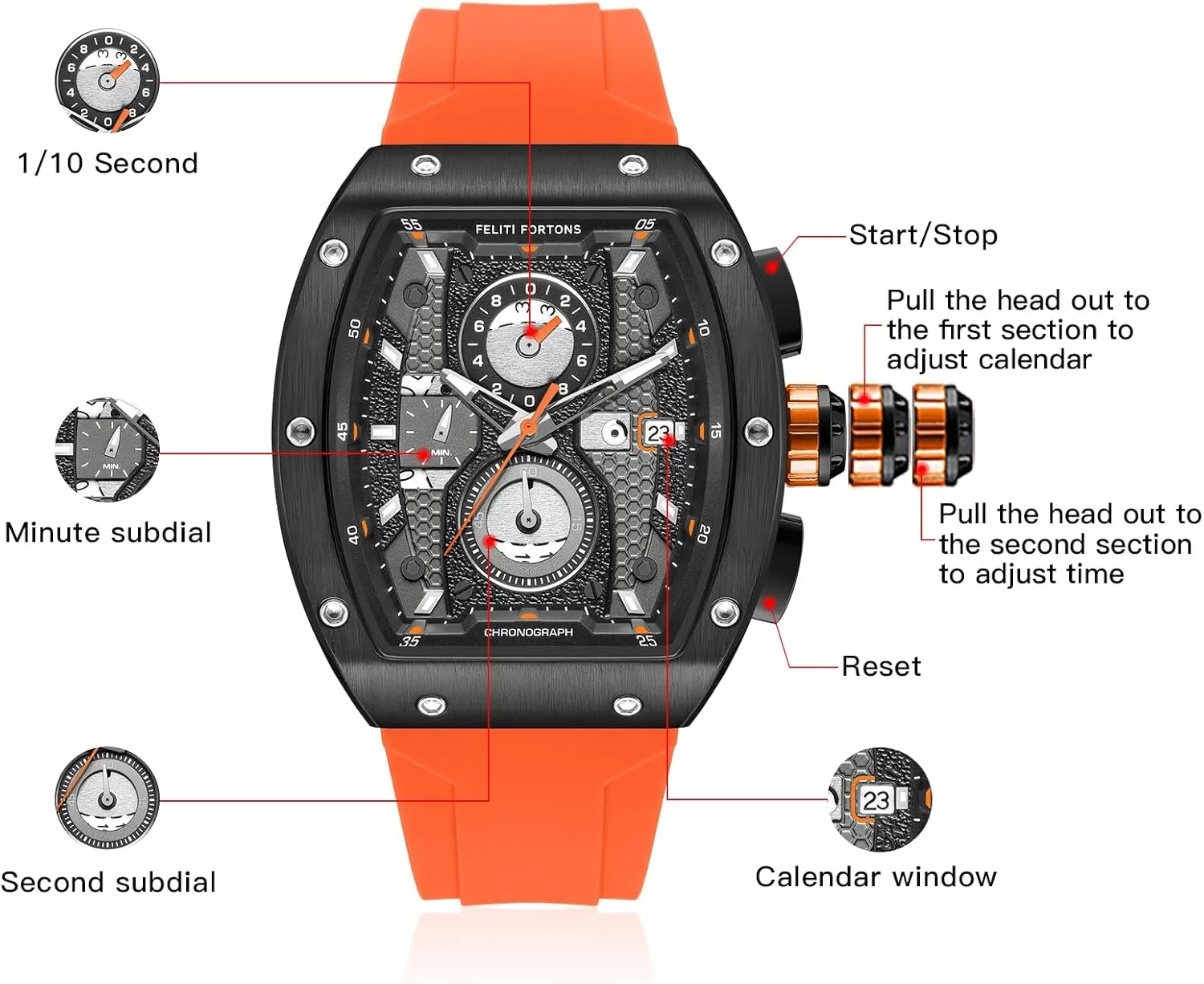 Men Silicone Strap with Gift for Men Mens Watches Sport Tonneau 3ATM Waterproof Chronograph irresistible uplift surcharge afoul designate colonel Luminous Quartz Watches of 