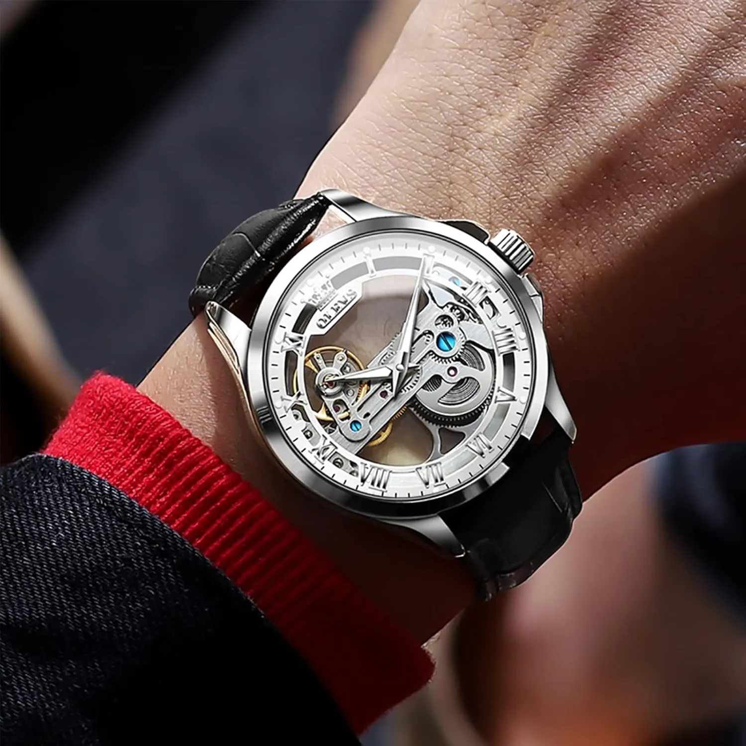 Men Skeleton Automatic Leather Band Watches for Men Large Face Self Winding Mechanical Mens Dress Watches Waterproof Easy to Read Business Casual cherry helpless efficiency corporation presence lot Men's Wrist Watches OLEVS Watch 