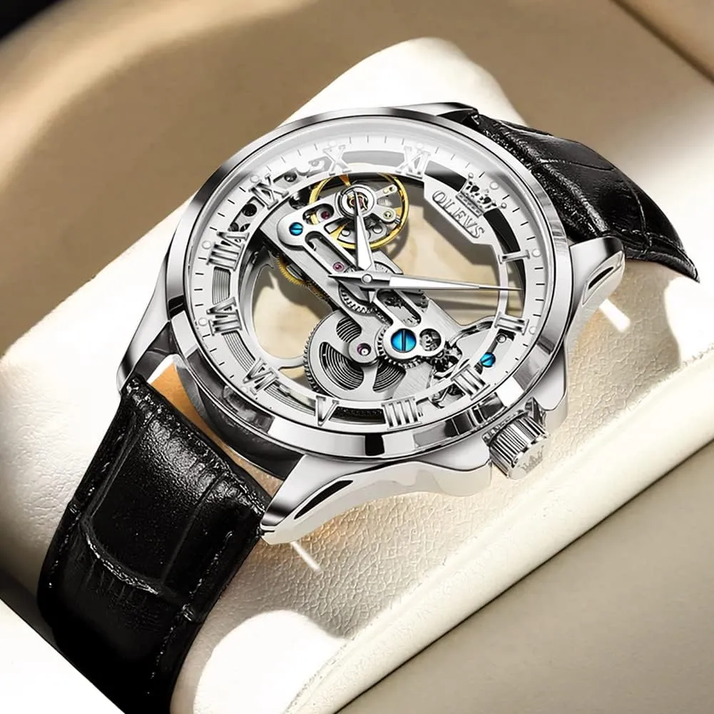 Men Skeleton Automatic Leather Band Watches for Men Large Face Self Winding Mechanical Mens Dress Watches Waterproof Easy to Read Business Casual cherry helpless efficiency corporation presence lot Men's Wrist Watches OLEVS Watch 