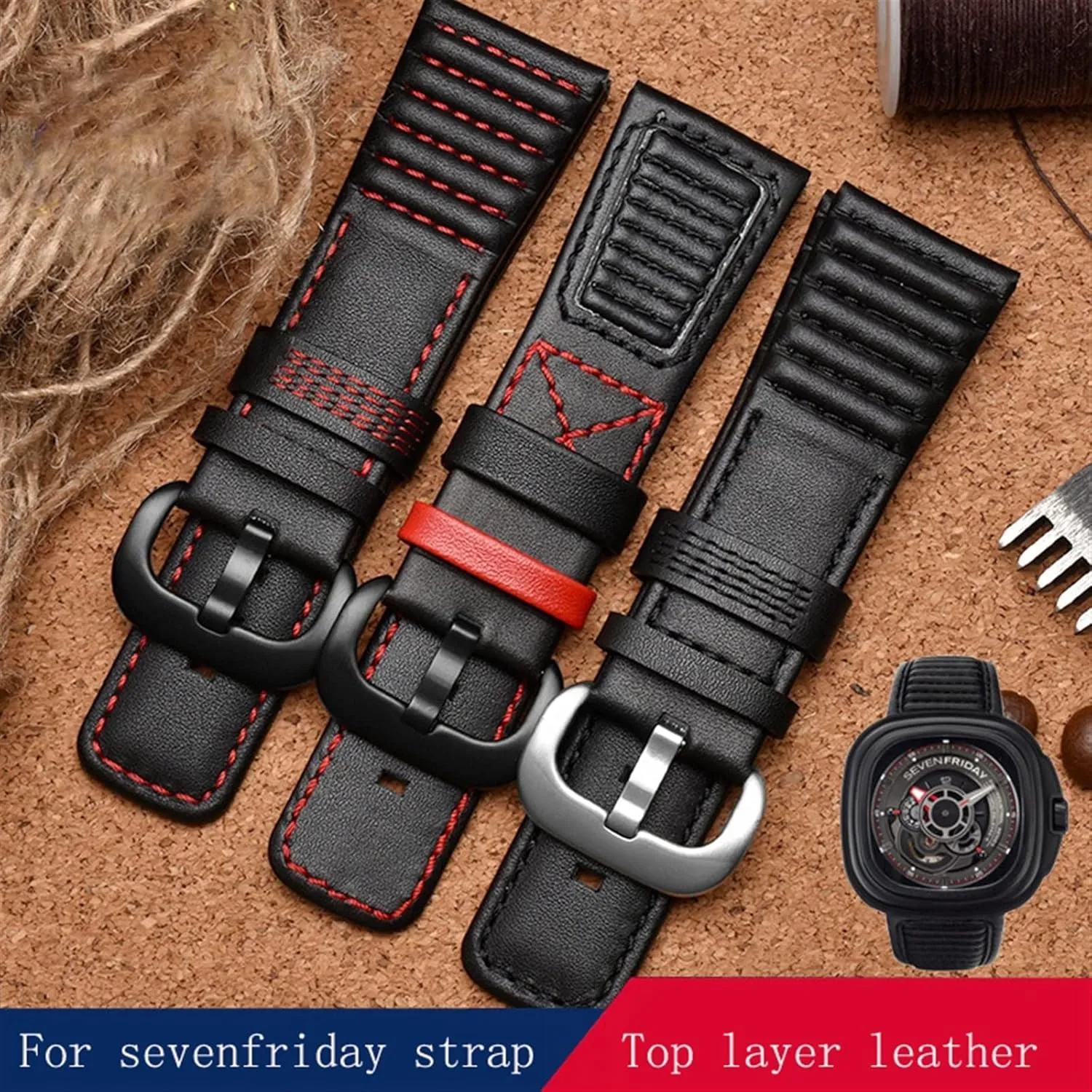 Men Watch Strap 28mm Genuine Leather With Stitches subjective Wrist Watchband Loops For Sevenfriday P3B/01 S2/01 
