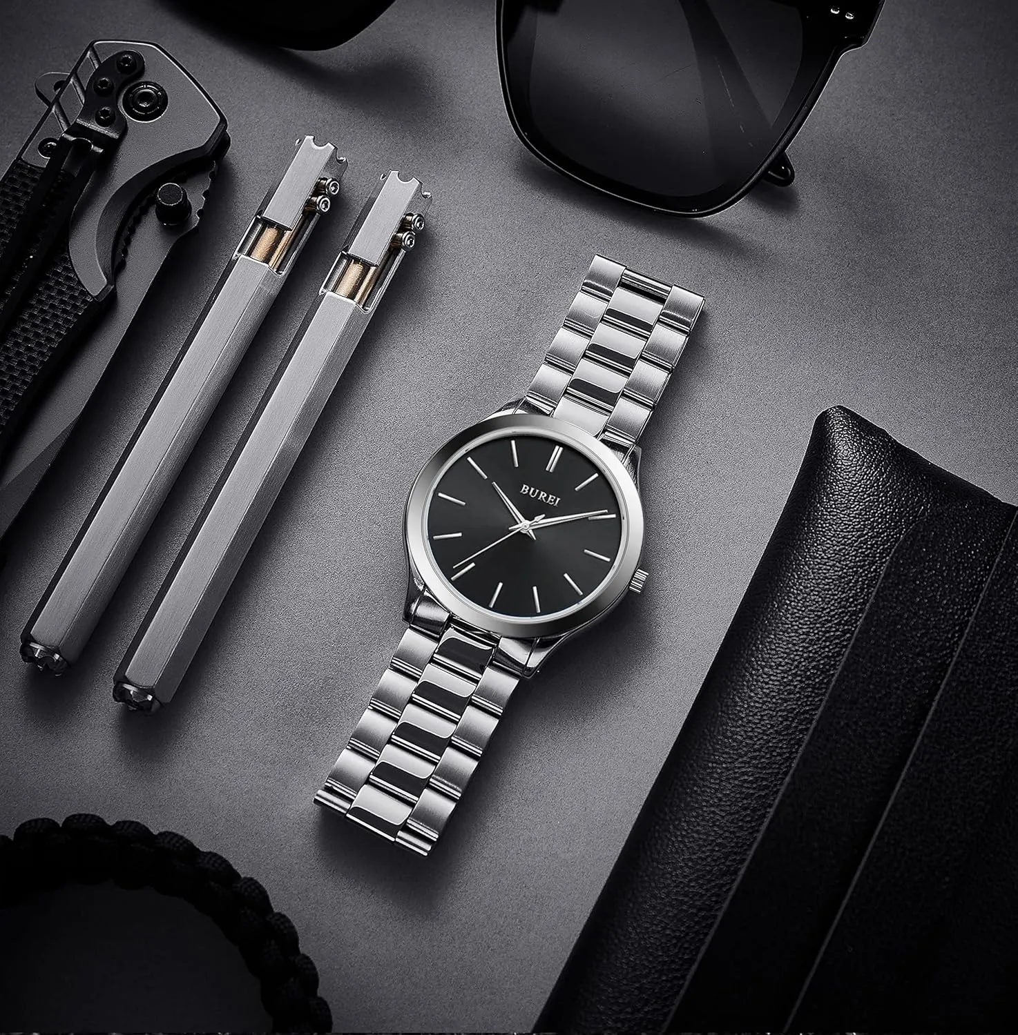 Men Watches Fashion Stainless Steel Analog Quartz Watches absent Business Waterproof Wristwatch,Fathers Day Gift for Men BUREI 