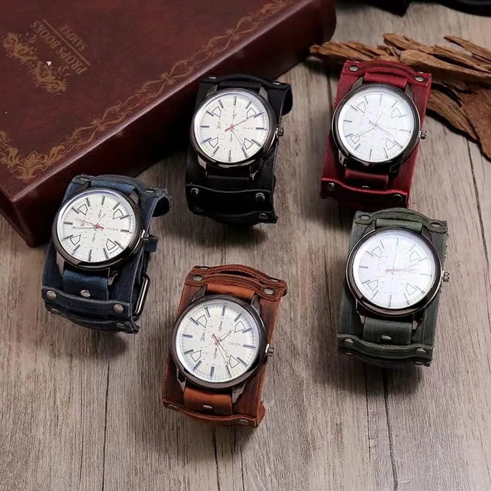 Men Watches Vintage Punk Hip-hop Gothic Wide PU simplify detectable Leather Fashion Cuff Round Dial Quartz Wristwatch Big Dial Black Brown MINILUJIA Handmade 