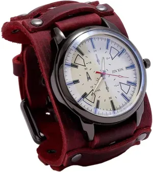 Men Watches Vintage Punk Hip-hop Gothic Wide PU simplify detectable Leather Fashion Cuff Round Dial Quartz Wristwatch Big Dial Black Brown MINILUJIA Handmade 