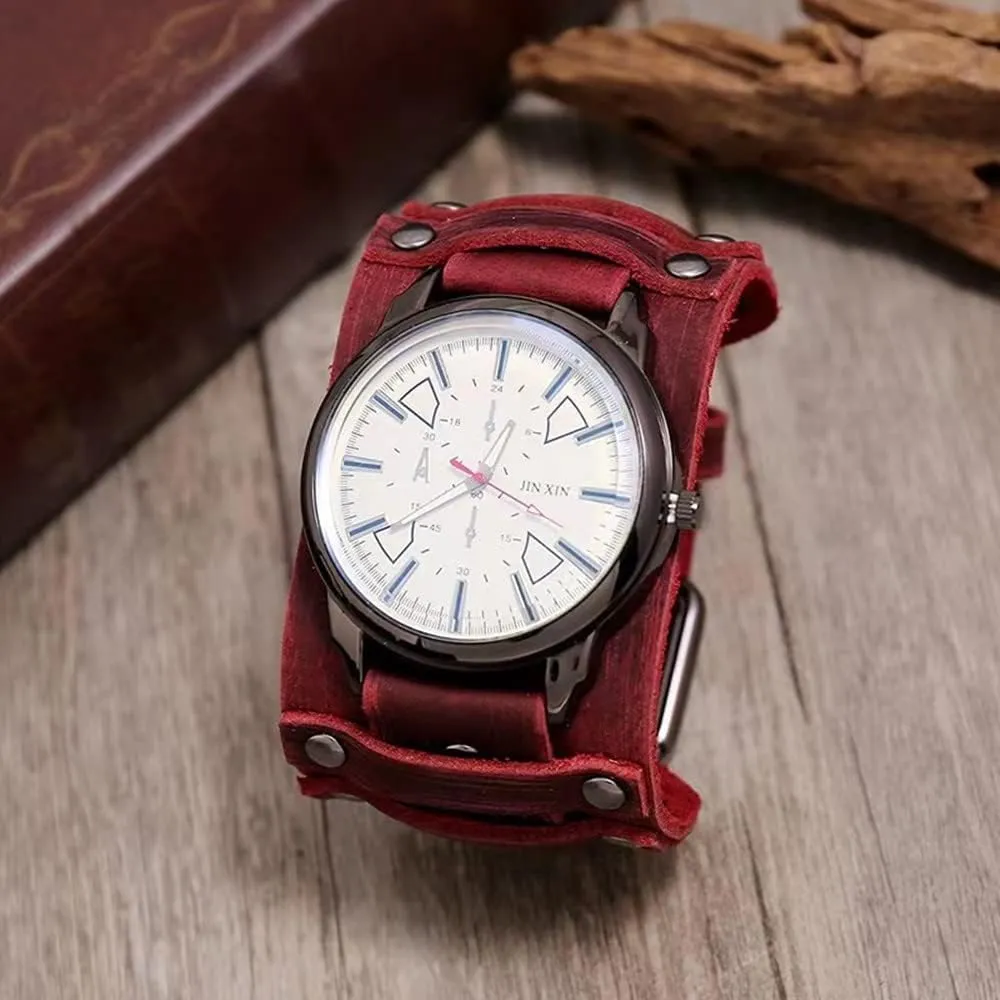 Men Watches Vintage Punk Hip-hop Gothic Wide PU simplify detectable Leather Fashion Cuff Round Dial Quartz Wristwatch Big Dial Black Brown MINILUJIA Handmade 