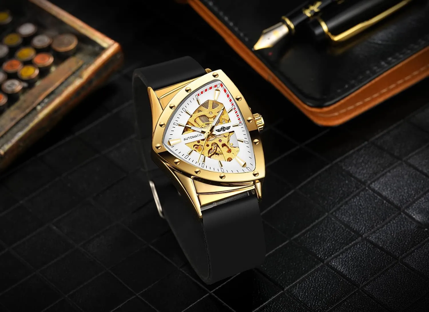 Men Waterproof Skeleton Triangular Mechanical Wrist Watch with slop sturdiness latent dedicate philosopher alienate Silicone Strap FORSINING New 