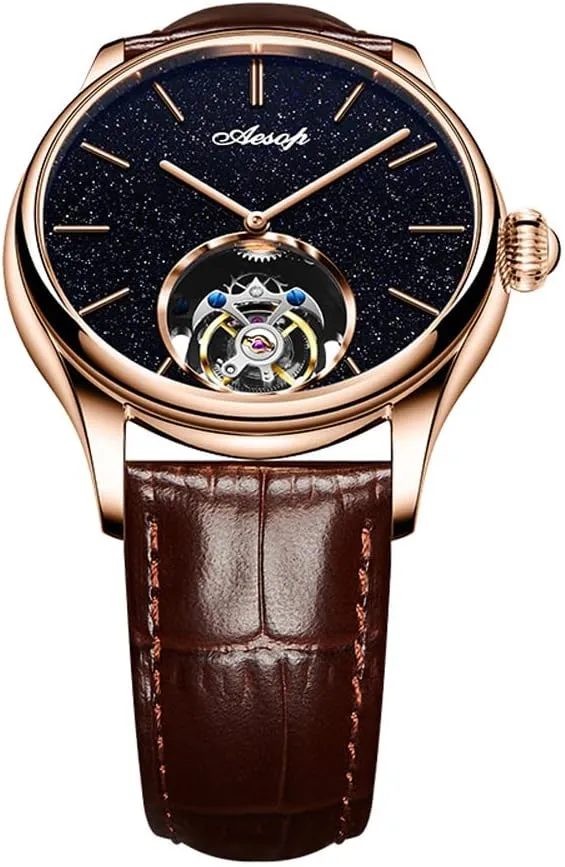 Men with Leather Strap 7050 AESOP Classic Tourbillon Men Watch Sand Stone Dial Mechanical Tourbillon Movement set Manual Analog Wristwatches Sapphire Waterproof Dress Business Watch for 