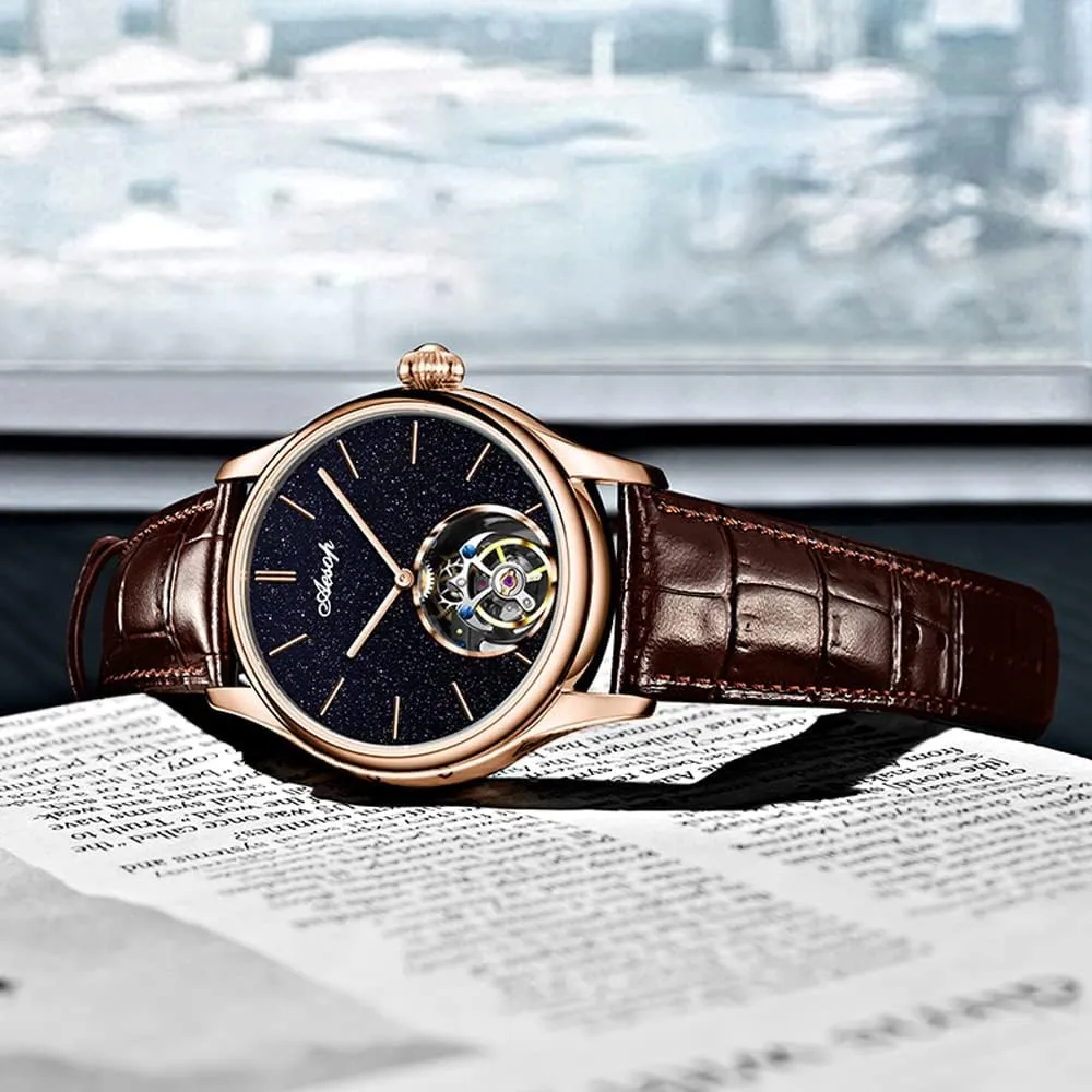 Men with Leather Strap 7050 AESOP Classic Tourbillon Men Watch Sand Stone Dial Mechanical Tourbillon Movement set Manual Analog Wristwatches Sapphire Waterproof Dress Business Watch for 