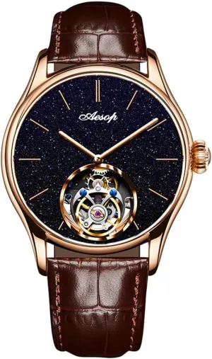 Men with Leather Strap 7050 AESOP Classic Tourbillon Men Watch Sand Stone Dial Mechanical Tourbillon Movement set Manual Analog Wristwatches Sapphire Waterproof Dress Business Watch for 