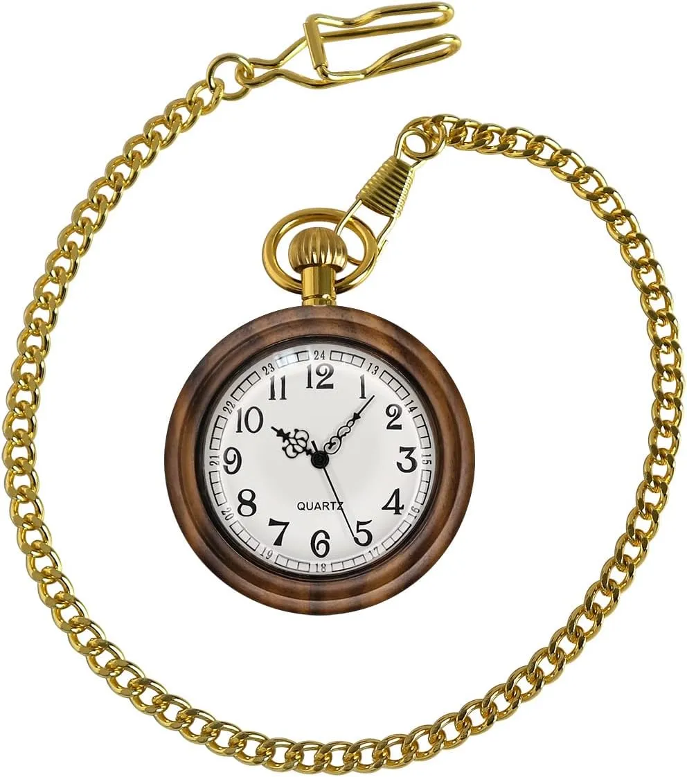 Men Women Lightweight Wood Mens Fob Pocket Watch with Gold Chain Ideal Gifts Vintage Wooden lag gradient Quartz Pocket Watches for 