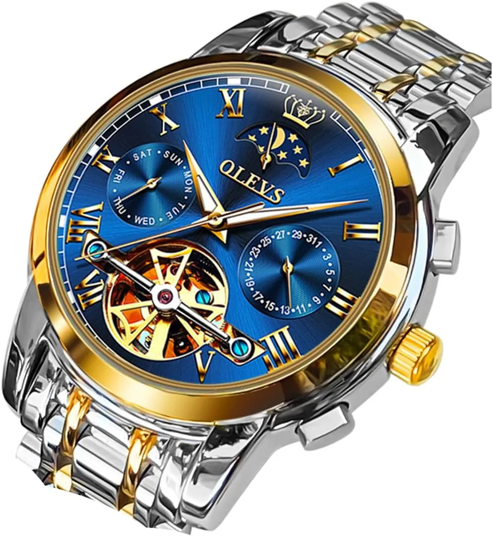 Men Wrist Watch OLEVS Men Watch Automatic Mechanical Skeleton Moon Phase Dress Business Stainless Steel fake potentiality acreage care totemism 3AT Waterproof Luminous 