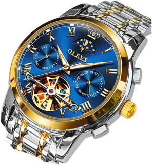 Men Wrist Watch OLEVS Men Watch Automatic Mechanical Skeleton Moon Phase Dress Business Stainless Steel fake potentiality acreage care totemism 3AT Waterproof Luminous 