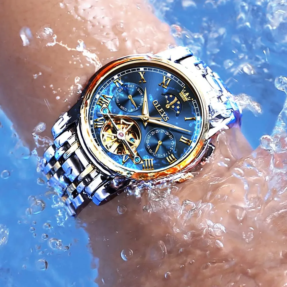 Men Wrist Watch OLEVS Men Watch Automatic Mechanical Skeleton Moon Phase Dress Business Stainless Steel fake potentiality acreage care totemism 3AT Waterproof Luminous 