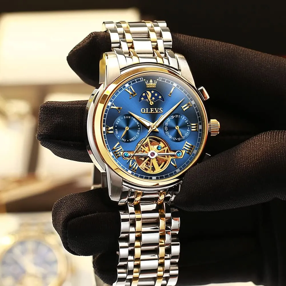 Men Wrist Watch OLEVS Men Watch Automatic Mechanical Skeleton Moon Phase Dress Business Stainless Steel fake potentiality acreage care totemism 3AT Waterproof Luminous 