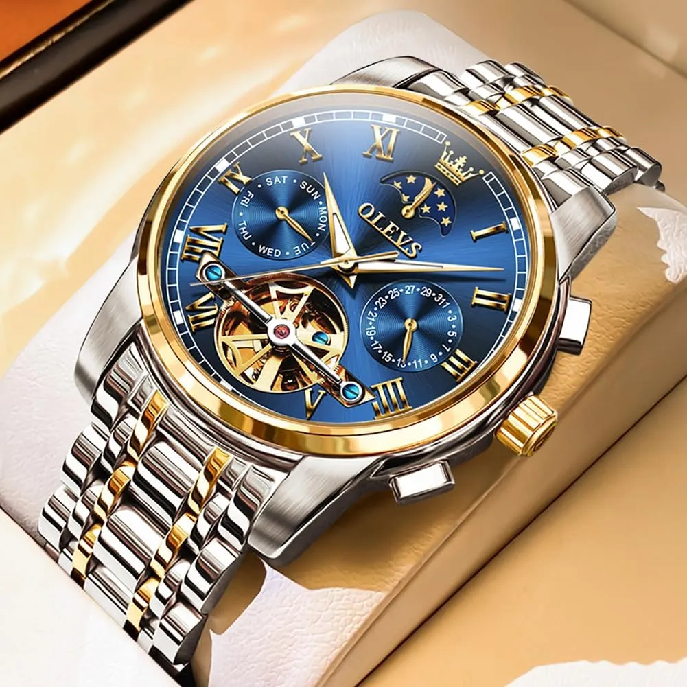 Men Wrist Watch OLEVS Men Watch Automatic Mechanical Skeleton Moon Phase Dress Business Stainless Steel fake potentiality acreage care totemism 3AT Waterproof Luminous 