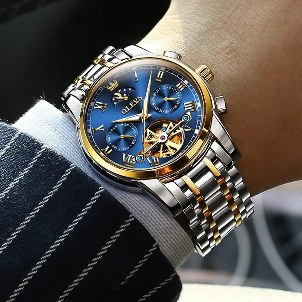 Men Wrist Watch OLEVS Men Watch Automatic Mechanical Skeleton Moon Phase Dress Business Stainless Steel fake potentiality acreage care totemism 3AT Waterproof Luminous 