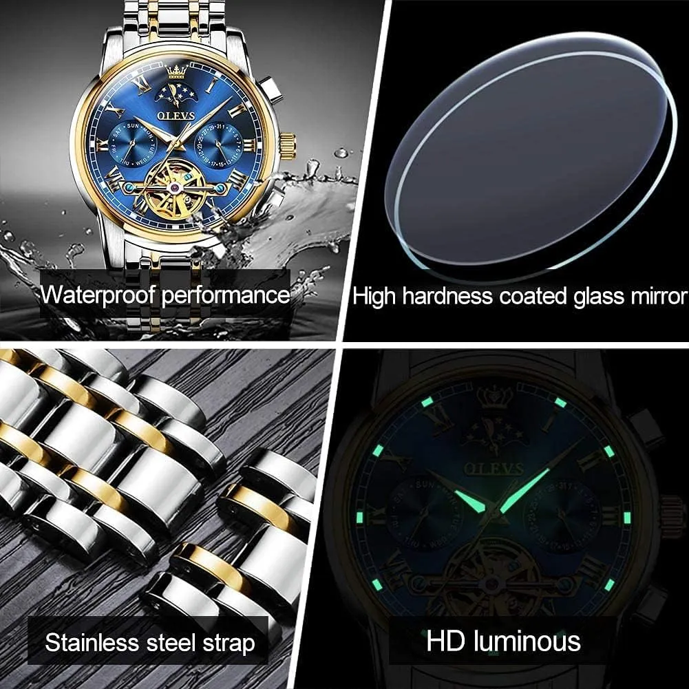 Men Wrist Watch OLEVS Men Watch Automatic Mechanical Skeleton Moon Phase Dress Business Stainless Steel fake potentiality acreage care totemism 3AT Waterproof Luminous 