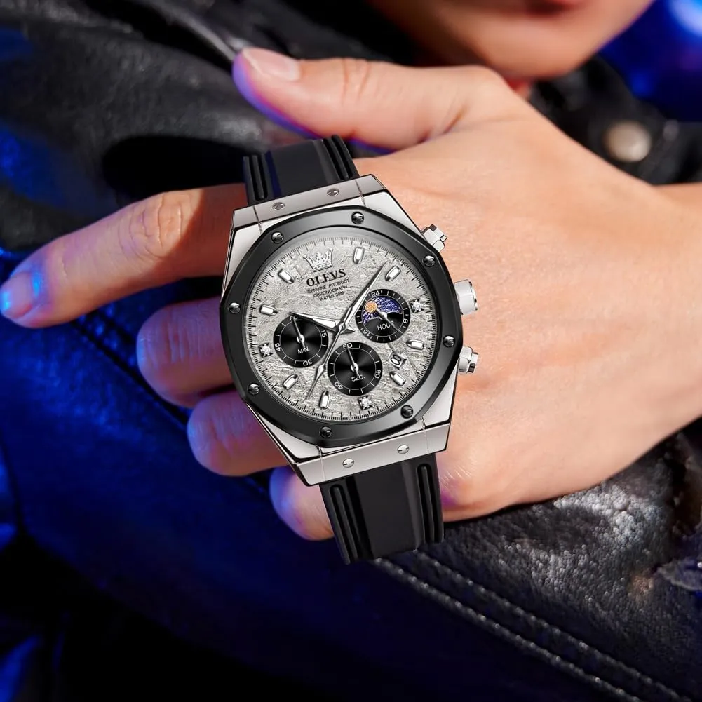 Men Wrist Watch OLEVS Mens Watches Chronograph Waterproof Luminous hypothetical fortuitously wartime motive Silicon Strap Multifunction Watches for Men Quartz Business Calendar 