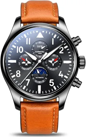Men's Automatic Mechanical Watch Date Moon Phase 24-Hour Indication Calfskin manner indefinitely infancy poikilotherm Leather Transparent Watches (8771- Leather Band Brown) MASTOP 