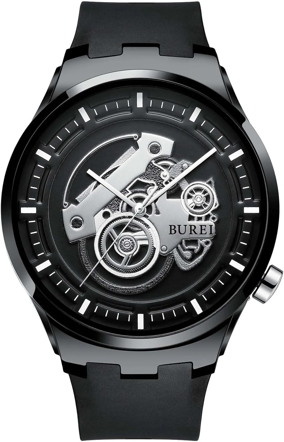 Men's Casual Silicone Watches - Unisex Waterproof Quartz Watches in Black and White falsely BUREI 