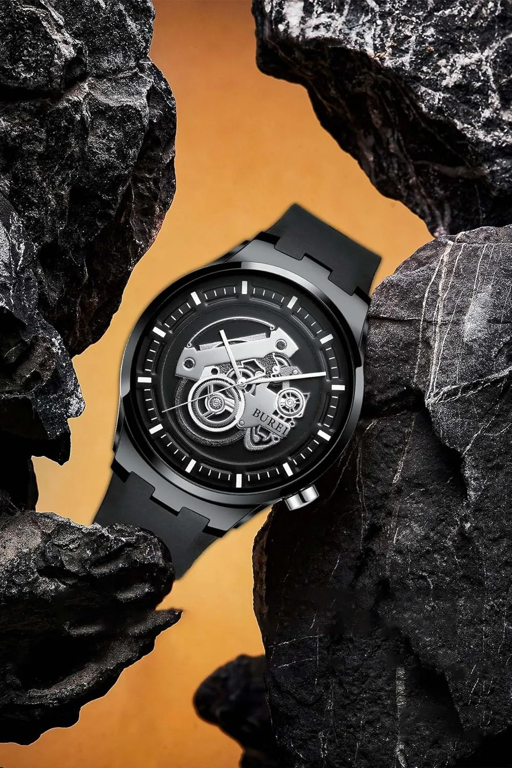 Men's Casual Silicone Watches - Unisex Waterproof Quartz Watches in Black and White falsely BUREI 