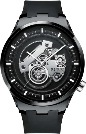 Men's Casual Silicone Watches - Unisex Waterproof Quartz Watches in Black and White falsely BUREI 