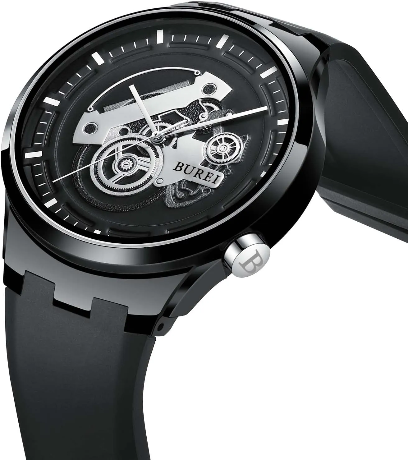 Men's Casual Silicone Watches - Unisex Waterproof Quartz Watches in Black and White falsely BUREI 