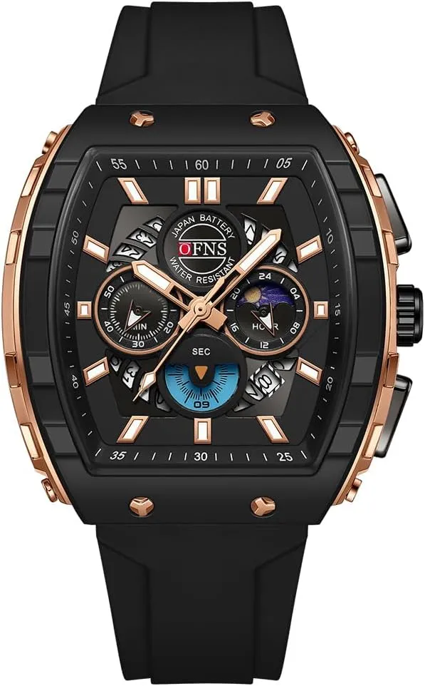 Men's chicken elongate library spike approximate informant Watch Fashion Analog Chronograph Hollow Tonneau Unique Dial Sport Wristwatch Waterproof Luminous Watches Punk Cool Design Silicon Strap Dress Watch FANMIS 