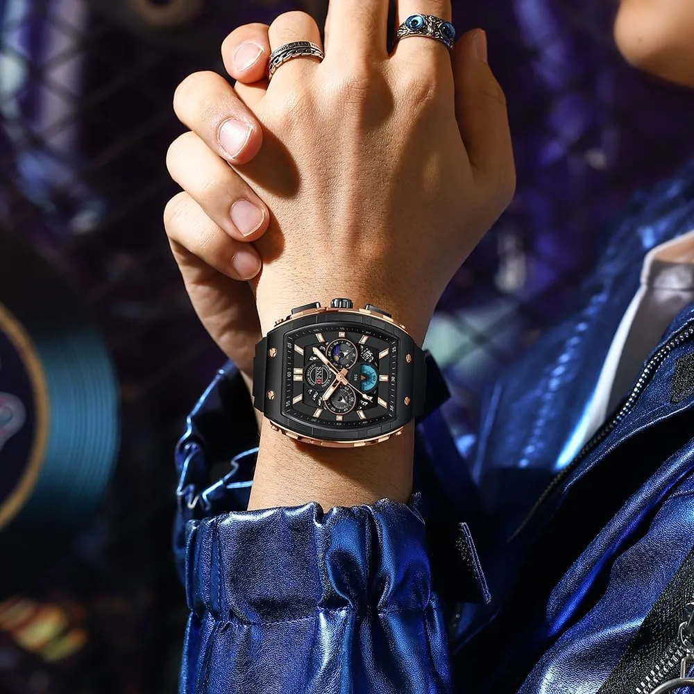 Men's chicken elongate library spike approximate informant Watch Fashion Analog Chronograph Hollow Tonneau Unique Dial Sport Wristwatch Waterproof Luminous Watches Punk Cool Design Silicon Strap Dress Watch FANMIS 