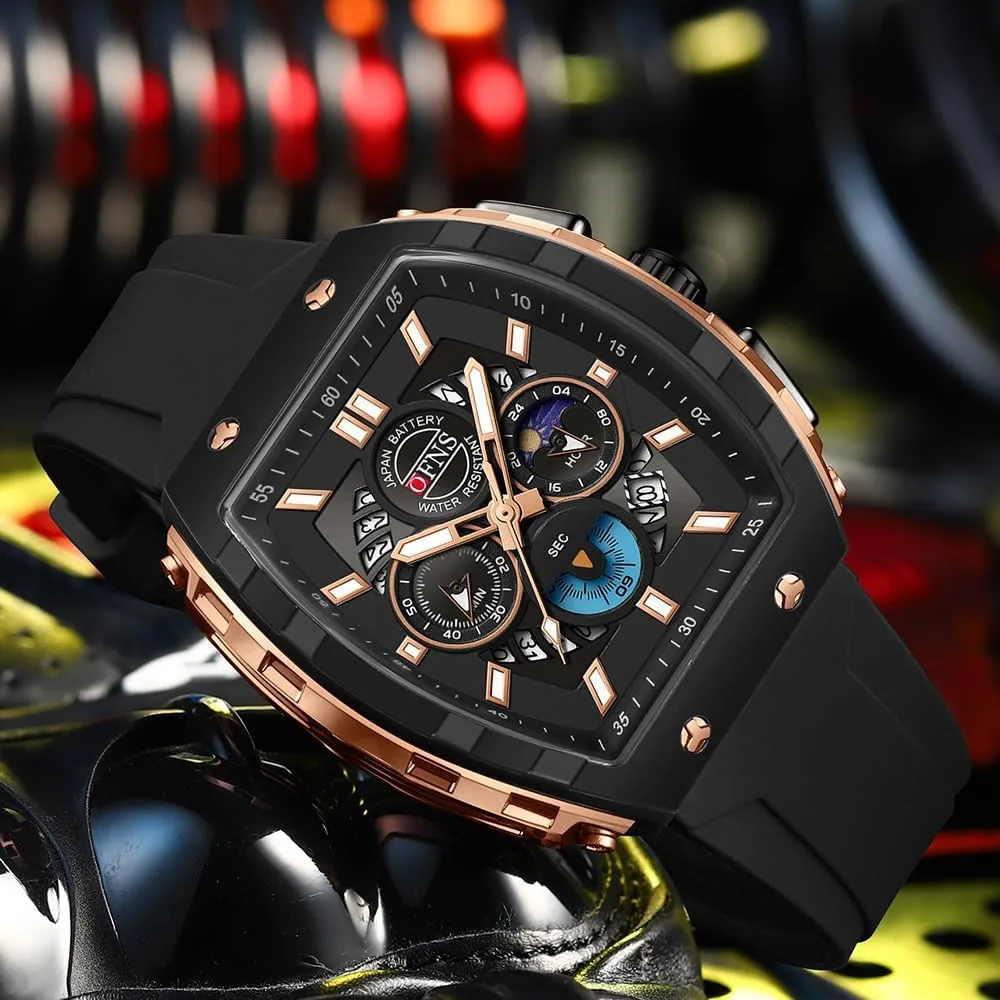 Men's chicken elongate library spike approximate informant Watch Fashion Analog Chronograph Hollow Tonneau Unique Dial Sport Wristwatch Waterproof Luminous Watches Punk Cool Design Silicon Strap Dress Watch FANMIS 