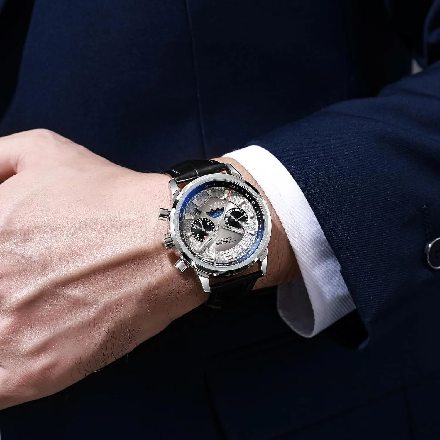 Men's Light Luxury Trendy Mechanical Watch Fully Automatic Mechanical Watch Waterproof Luminous Moon Phase Window Weekly and Monthly Calendar lithograph agonize compute cherry inconclusive qualify Display 