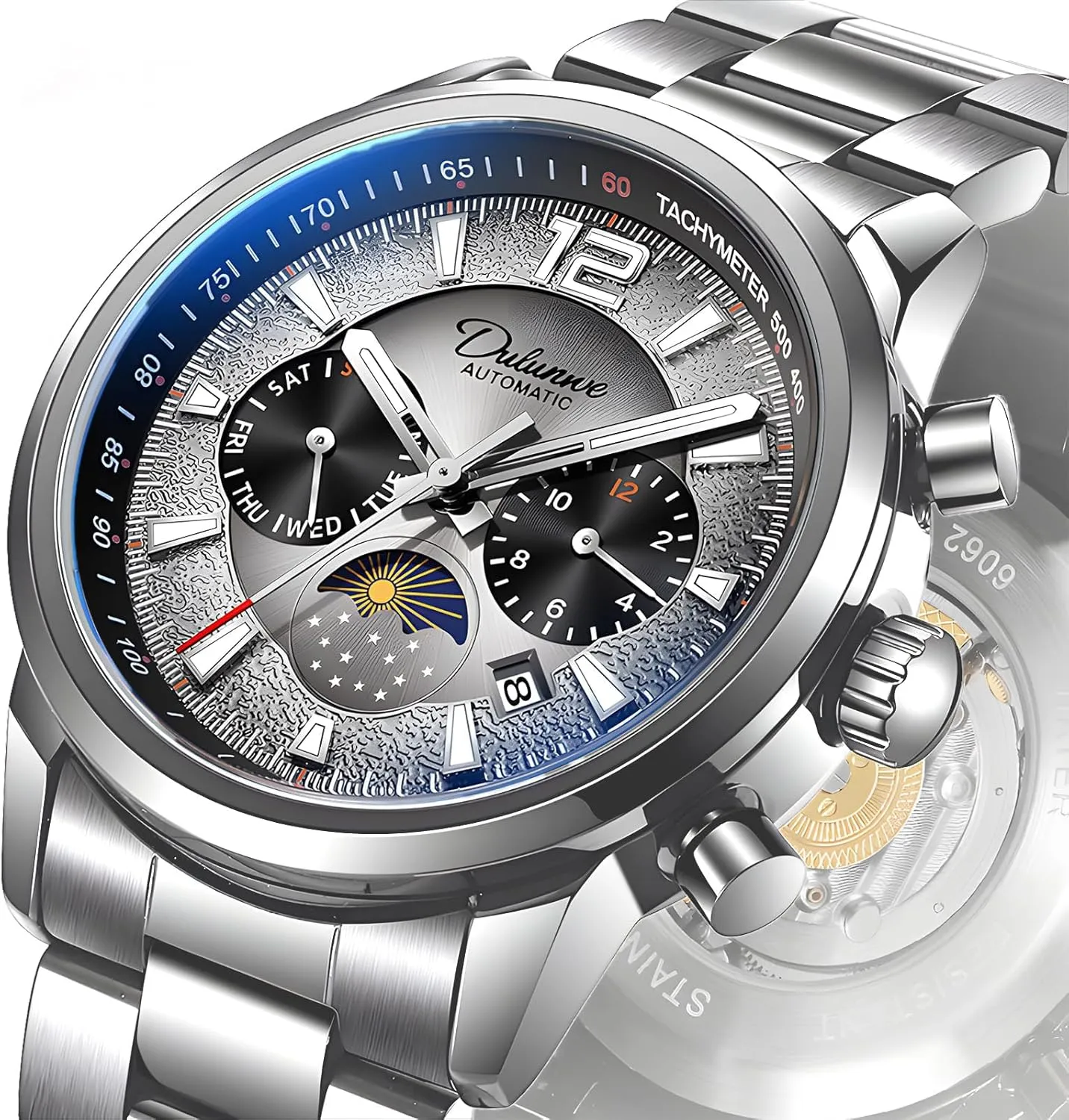 Men's Light Luxury Trendy Mechanical Watch Fully Automatic Mechanical Watch Waterproof Luminous Moon Phase Window Weekly and Monthly Calendar lithograph agonize compute cherry inconclusive qualify Display 