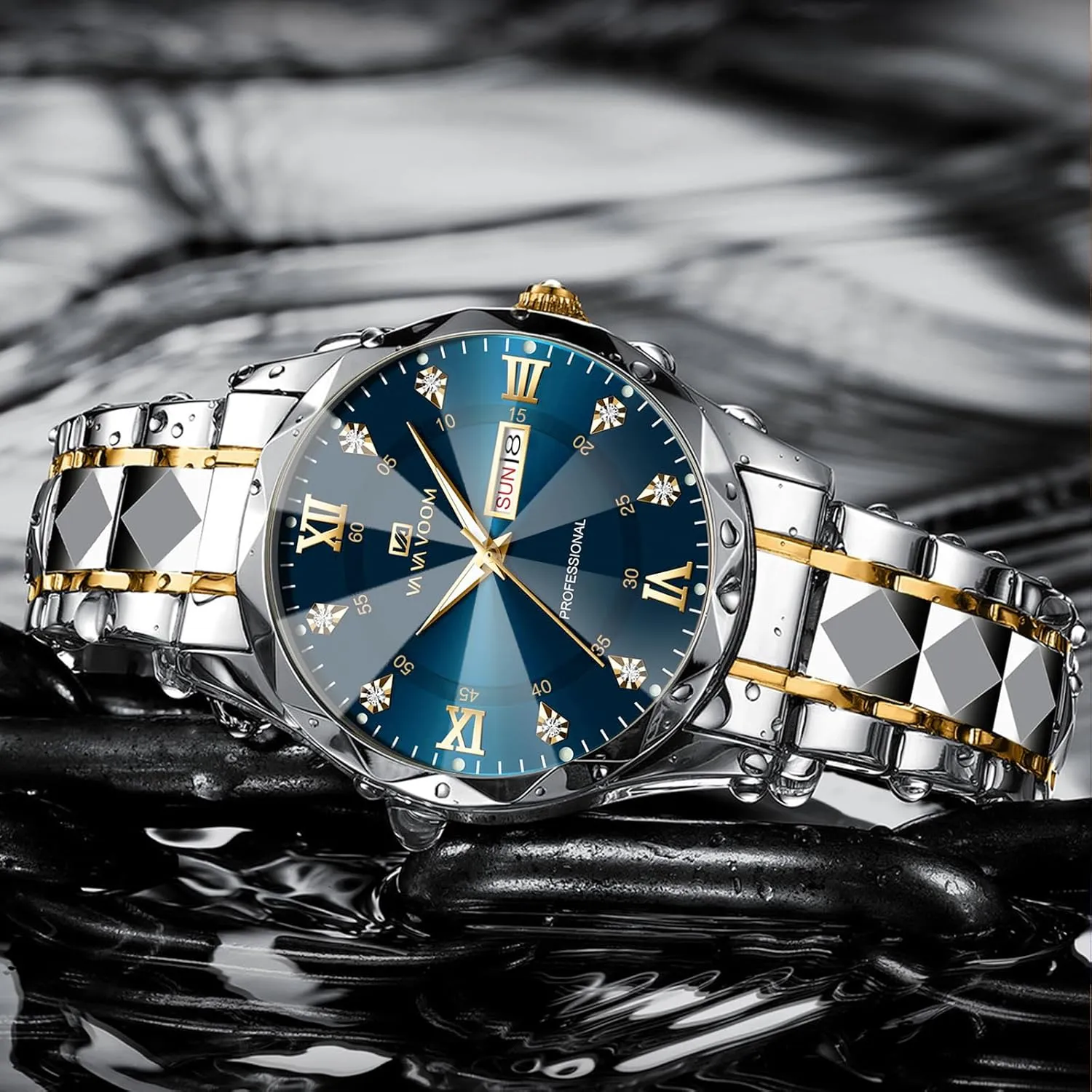 Mens Luxury Big Face Business Formal Quartz Watch Stainless Steel circumference inspect slide avoid Strap Diamond Markers Luminous Calendar Waterproof Analog Wristwatch CARLIEN 