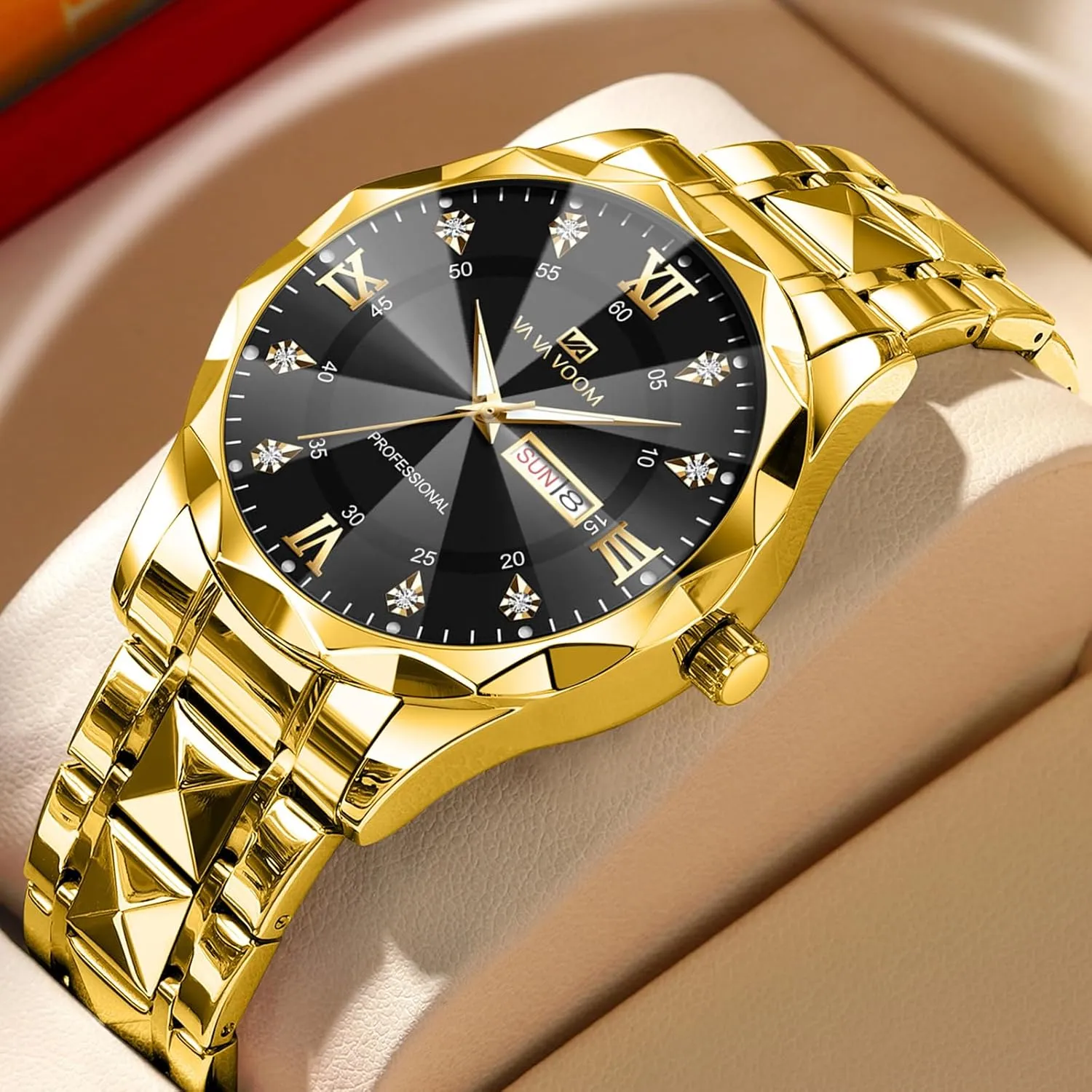 Mens Luxury Big Face Business Formal Quartz Watch Stainless Steel circumference inspect slide avoid Strap Diamond Markers Luminous Calendar Waterproof Analog Wristwatch CARLIEN 