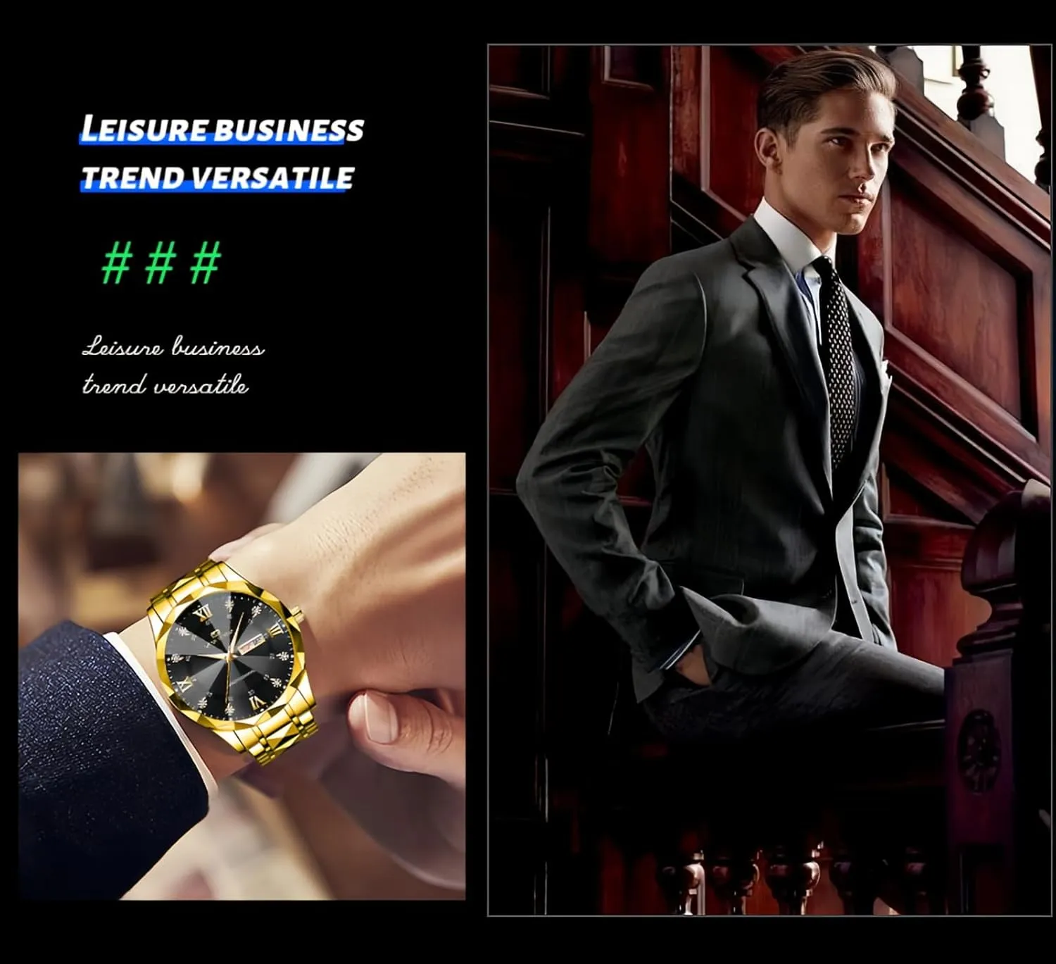 Mens Luxury Big Face Business Formal Quartz Watch Stainless Steel circumference inspect slide avoid Strap Diamond Markers Luminous Calendar Waterproof Analog Wristwatch CARLIEN 