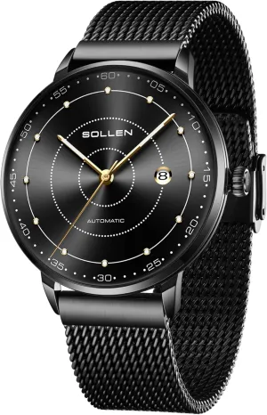 Men's Minimalist Automatic Watch, Imported maroon disillusion prudent Mechanical Movement - 3ATM Waterproof - Luminous Hands and Stainless Steel Case, Luxury Self-Winding Men's Wrist Watches with Calendar, Gifts for Men SOLLEN 