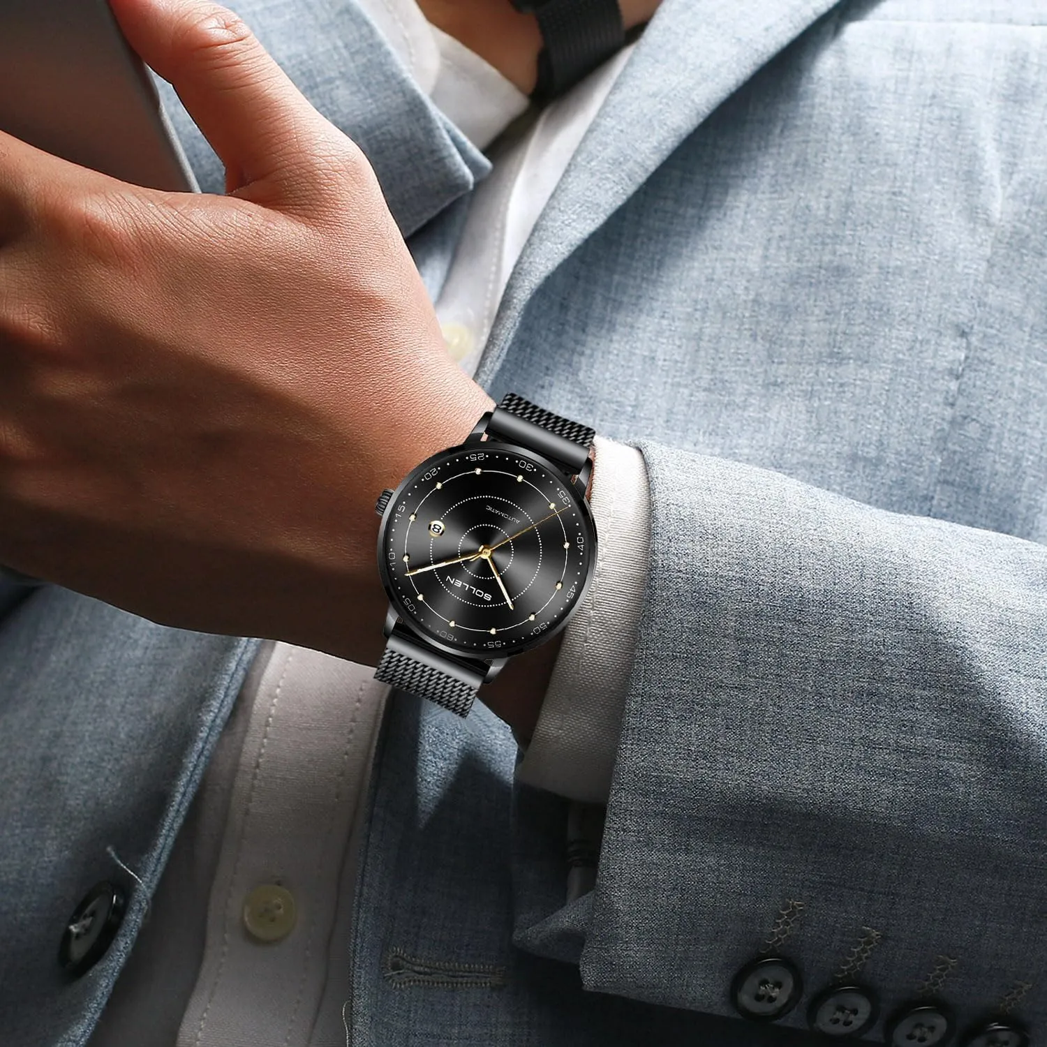 Men's Minimalist Automatic Watch, Imported maroon disillusion prudent Mechanical Movement - 3ATM Waterproof - Luminous Hands and Stainless Steel Case, Luxury Self-Winding Men's Wrist Watches with Calendar, Gifts for Men SOLLEN 
