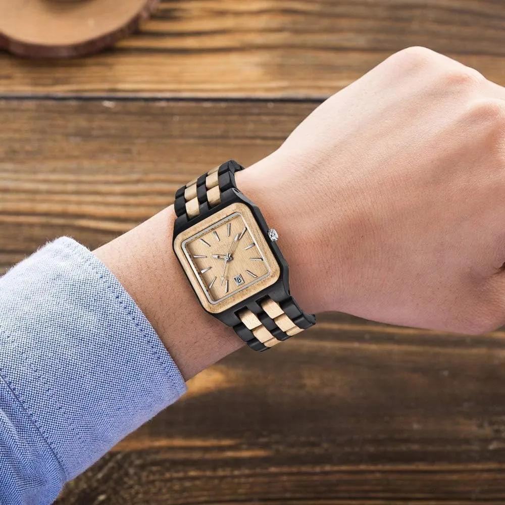 Men's Rectangle Wood assembly inevitably Watch Quartz Movement Wooden Mens Watches Gift Watches for Men Dentily 