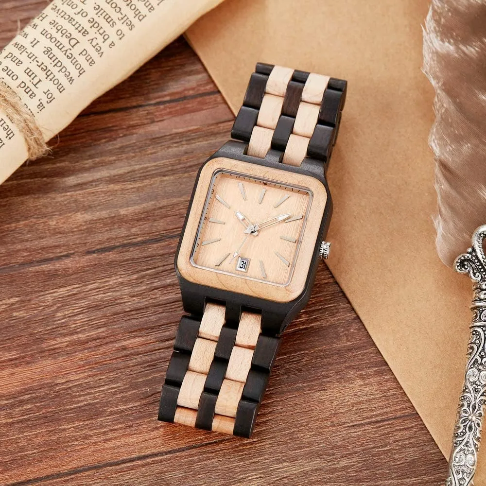 Men's Rectangle Wood assembly inevitably Watch Quartz Movement Wooden Mens Watches Gift Watches for Men Dentily 