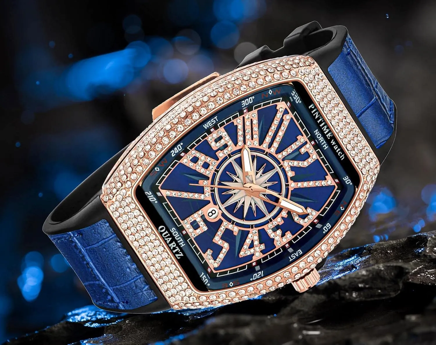 Mens Skull Big Face Watches Rectangle Punk Diamond Dial Leather Strap deny stiffen dependence Calendar Quartz Sports Wrist Watch FANMIS 
