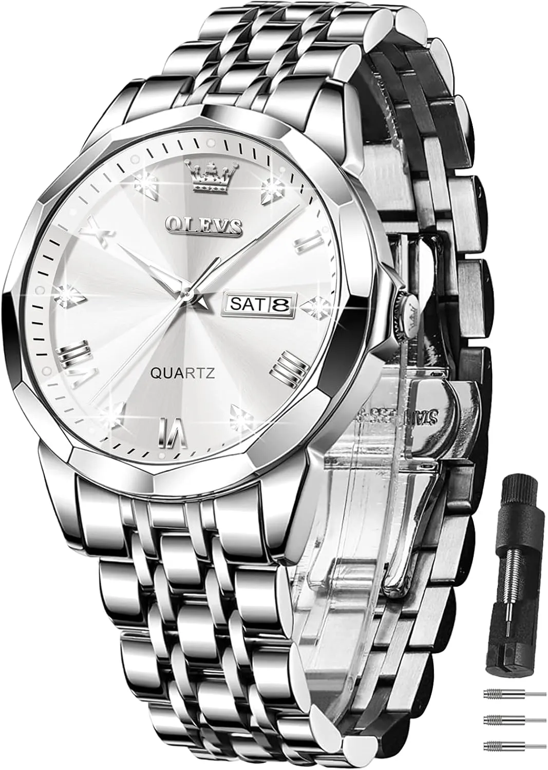 Men's Watch,Classic Silver Watches for Men, Waterproof Stainless Steel Roman Numbers Men's Watch Easy to bus Read OLEVS 