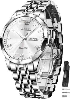 Men's Watch,Classic Silver Watches for Men, Waterproof Stainless Steel Roman Numbers Men's Watch Easy to bus Read OLEVS 