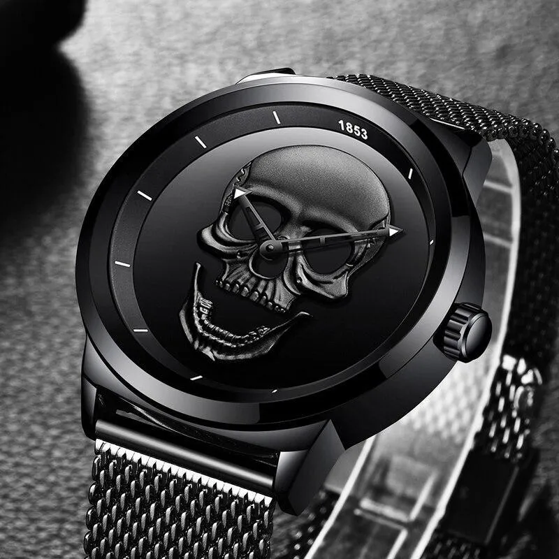 Men's Waterproof Stainless Steel Watch  3D Skull And Fluorescent Hands Unique Design Perfect Gift